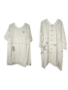 Vintage 90s Blue Fish 2 Piece L Pale Yellow Cotton Butterfly Lagnelook Art Paint